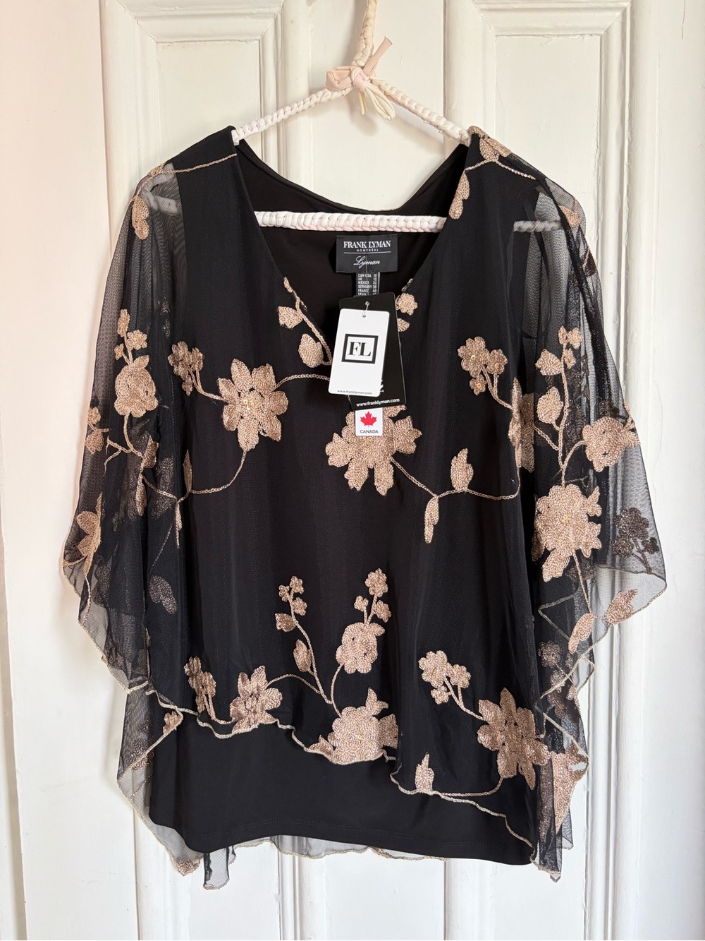 NWT Frank Lyman Design Black Mesh Blouse with Gold Floral Embroidery